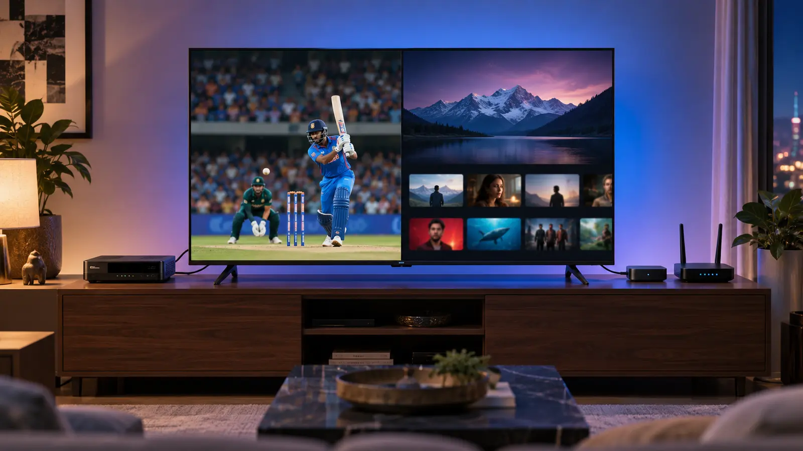 A television receiving content through separate broadcast and internet delivery paths