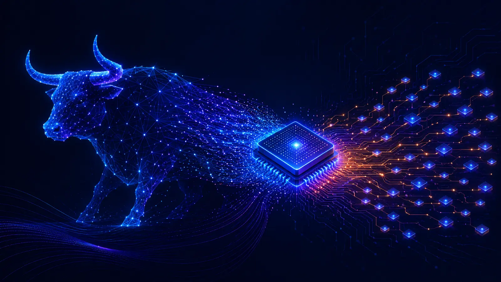 Abstract digital ox transforming into an AI processor and distributed network nodes, representing Z.AI GLM-5.3-Flash